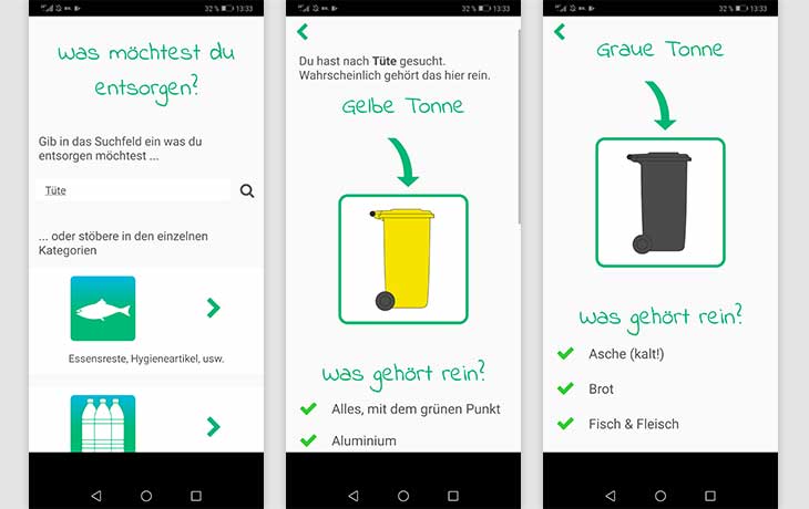 Abfall-Apps: Screenshots Mülltrennung