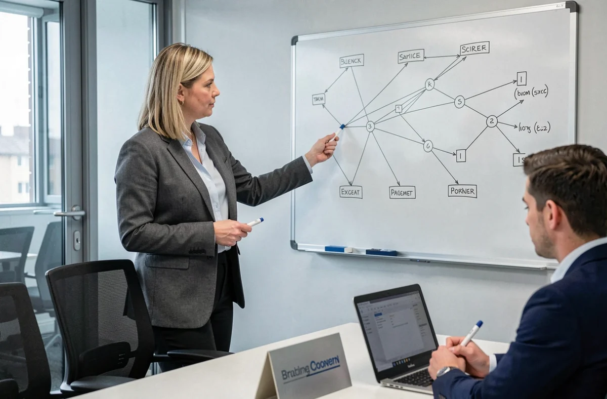 Consultante d'ABC Informatique présentant un schéma réseau lors d'une réunion professionnelle