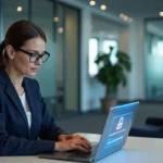 Femme professionnelle accédant à une interface de connexion sécurisée sur un ordinateur portable en bureau moderne, illustrant l'accès sécurisé à Idivov 2026