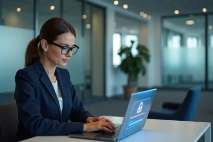 Femme professionnelle accédant à une interface de connexion sécurisée sur un ordinateur portable en bureau moderne, illustrant l'accès sécurisé à Idivov 2026