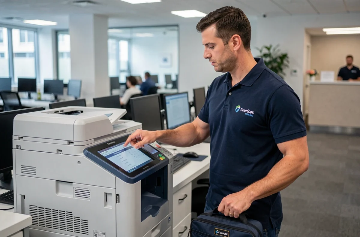 Technicien d'ACS Informatique réalisant un diagnostic sur un périphérique multifonction en entreprise