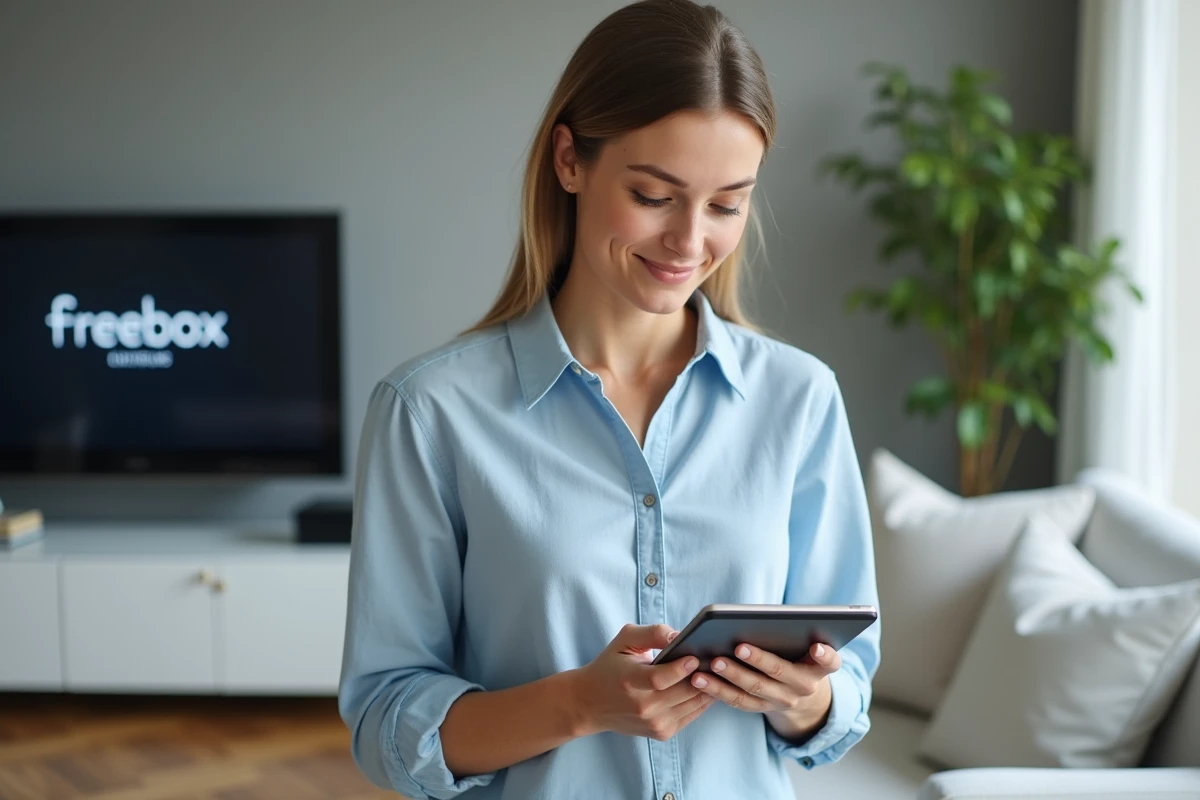 Femme activant sa Freebox via l'interface mafreebox.freebox.fr sur une tablette dans son salon moderne