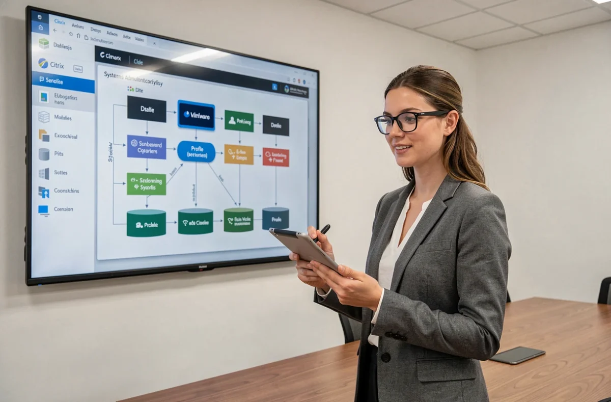 Administratrice systèmes présentant une architecture de bureau virtuel avec gestion des profils itinérants dans une salle de réunion d'entreprise