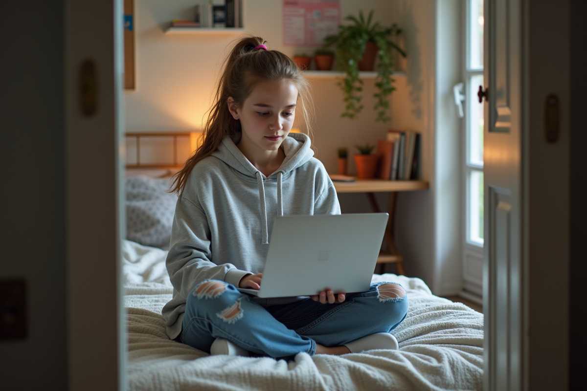 Adolescente en livestream dans sa chambre cosy