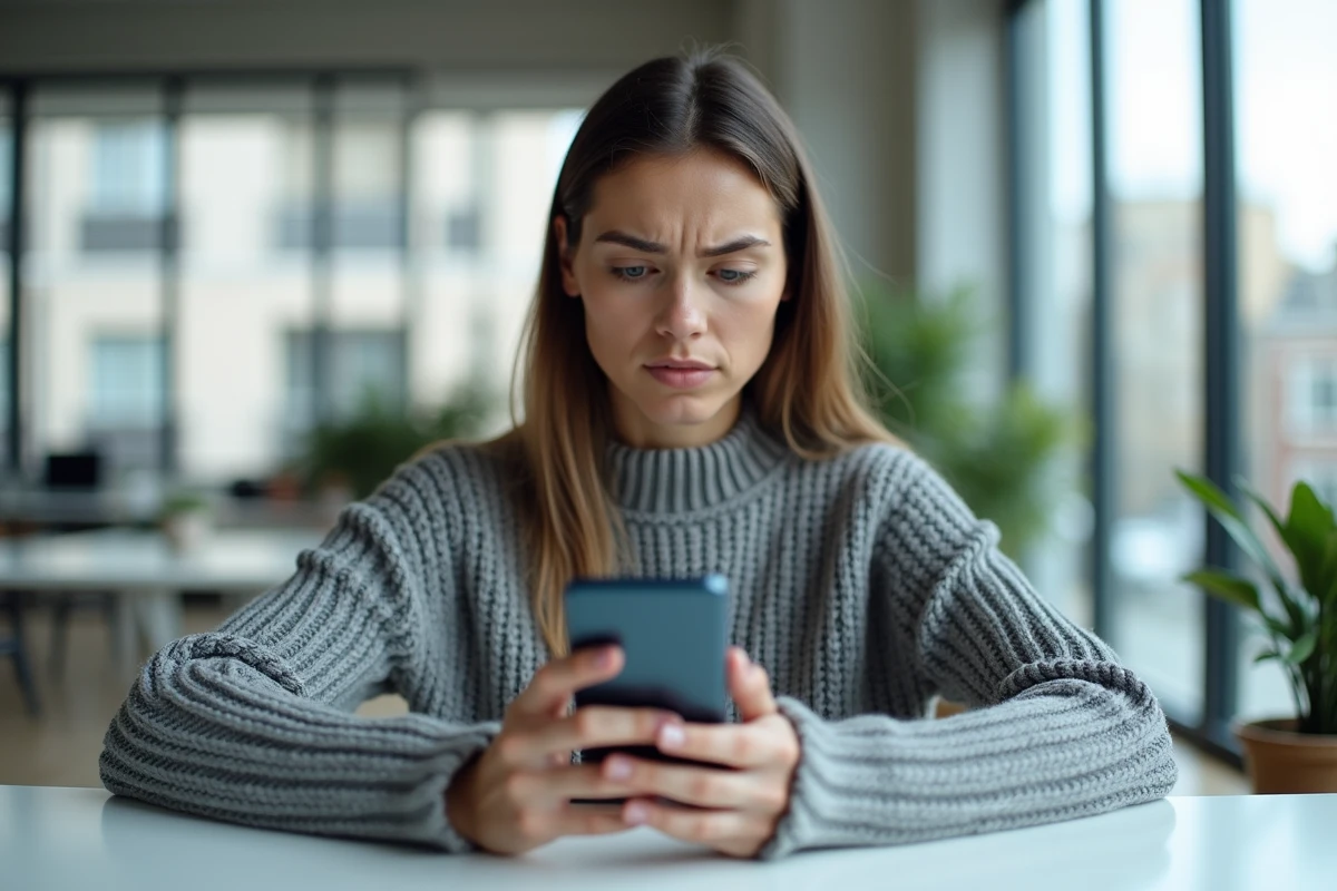 Femme tenant un smartphone affichant une alerte de phishing liée à un site web suspect