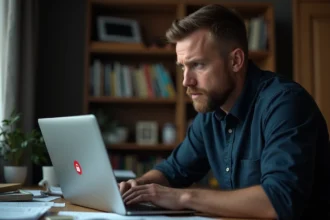 Homme inquiet regardant une alerte de sécurité sur un navigateur web indiquant un site dangereux