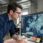 Professionnel IT analysant une carte de géolocalisation IP sur grand écran dans un bureau moderne en Europe