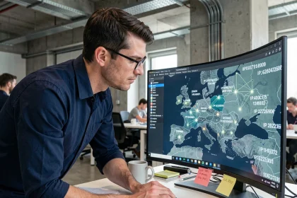 Professionnel IT analysant une carte de géolocalisation IP sur grand écran dans un bureau moderne en Europe