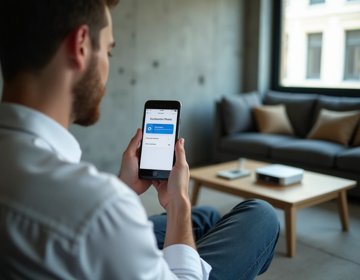 Jeune homme utilisant l'application Free sur smartphone pour débloquer l'association avec le serveur Freebox
