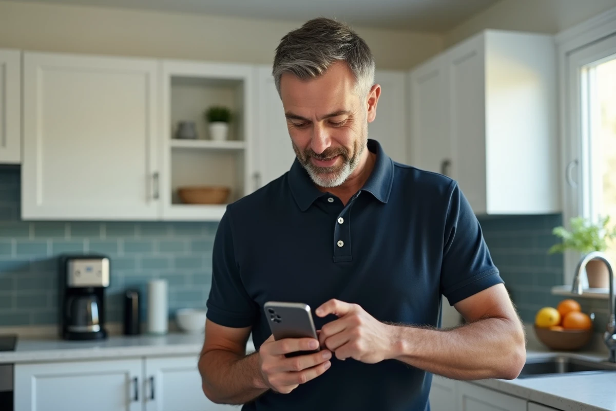 Homme consultant l'application Mafreeboxos sur smartphone pour contrôler la TV et les services internet depuis sa cuisine