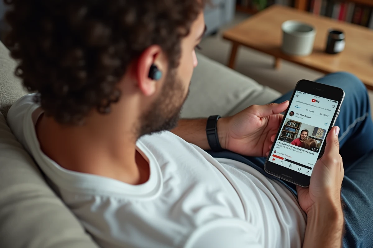 Jeune homme utilisant une application mobile pour télécharger des vidéos YouTube sur smartphone depuis son canapé
