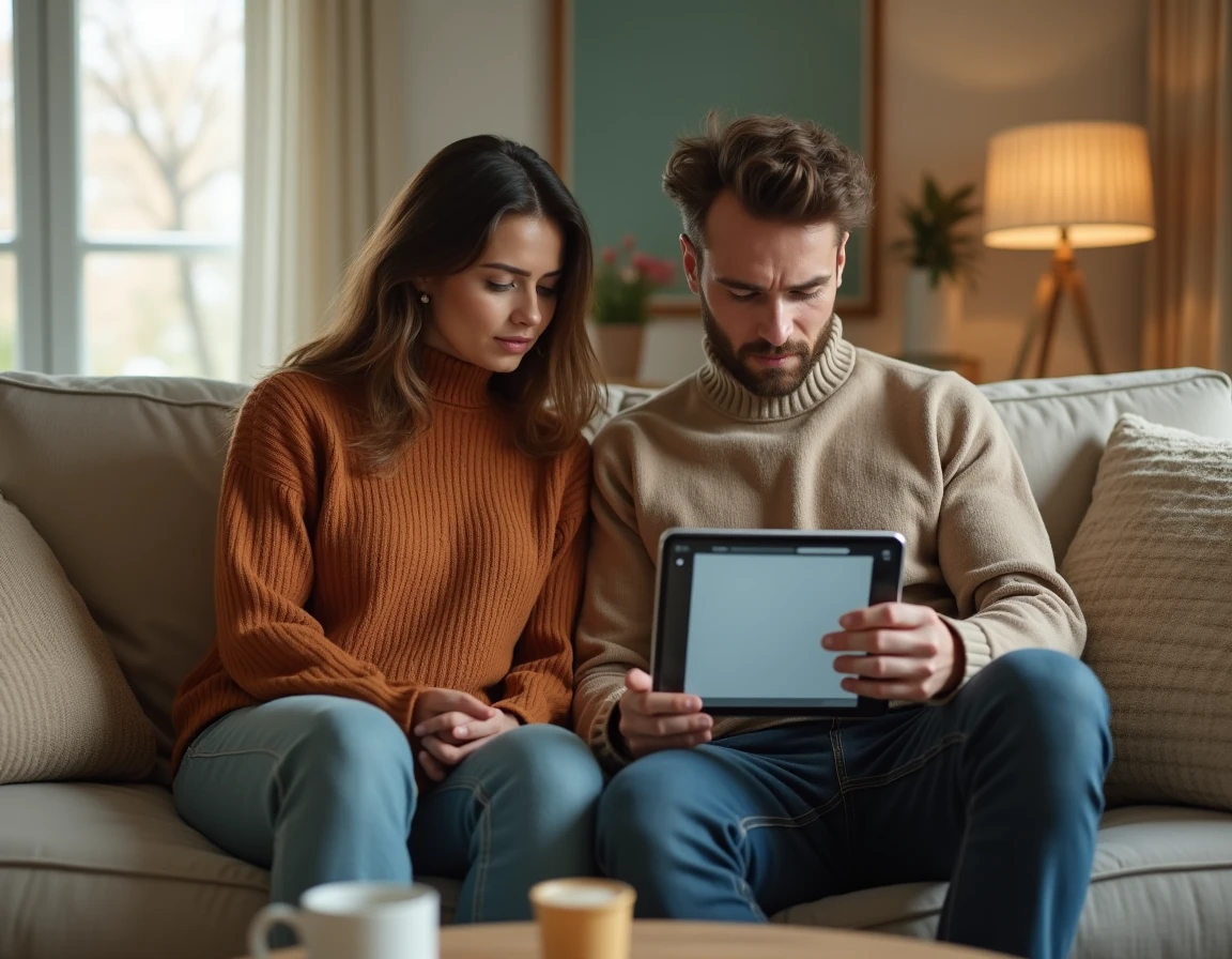 Deux jeunes adultes apprenant ensemble sur une tablette dans un salon confortable, suivant un tutoriel en ligne