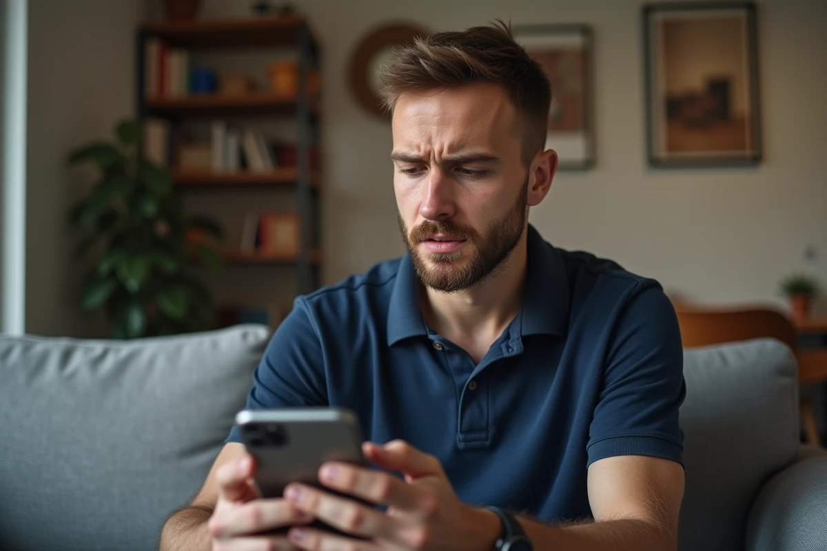 Homme attendant une réponse du support Activision sur son smartphone avec une expression impatiente