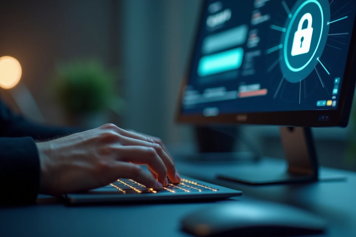 Gros plan de mains tapant sur un clavier pour accéder à un portail d'authentification sécurisé, illustrant la sécurité d'accès et le fonctionnement d'Idivov 2026