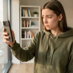 Jeune femme examinant le rendu photo d'un smartphone Google Pixel dans un appartement moderne