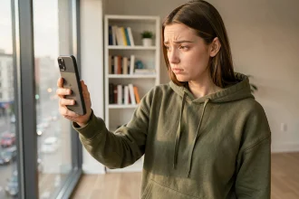 Jeune femme examinant le rendu photo d'un smartphone Google Pixel dans un appartement moderne