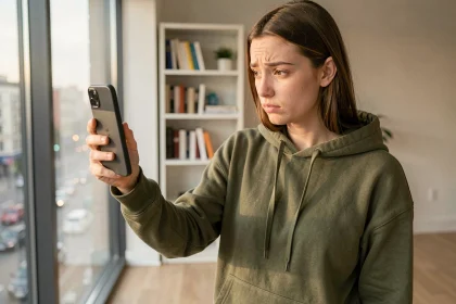 Jeune femme examinant le rendu photo d'un smartphone Google Pixel dans un appartement moderne