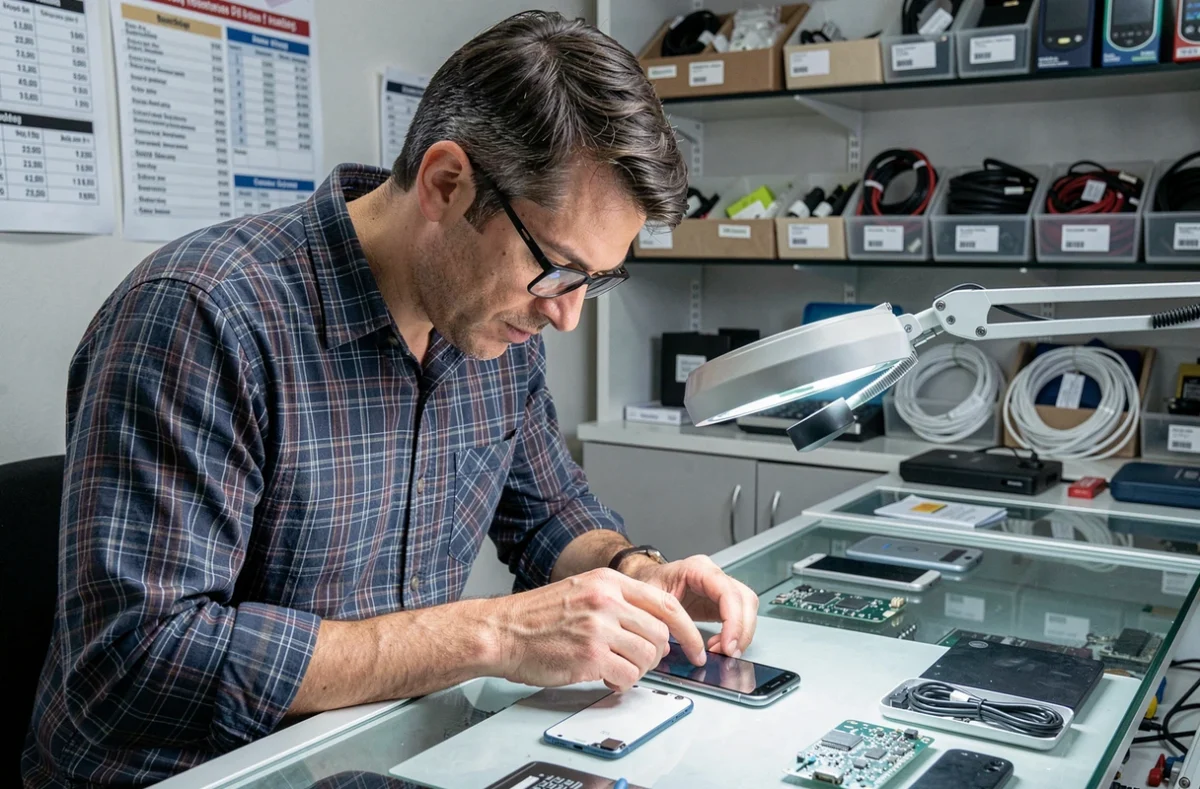 Technicien Bekky Informatique réparant un smartphone démontée sur un poste de travail magnifié dans une boutique de réparation informatique
