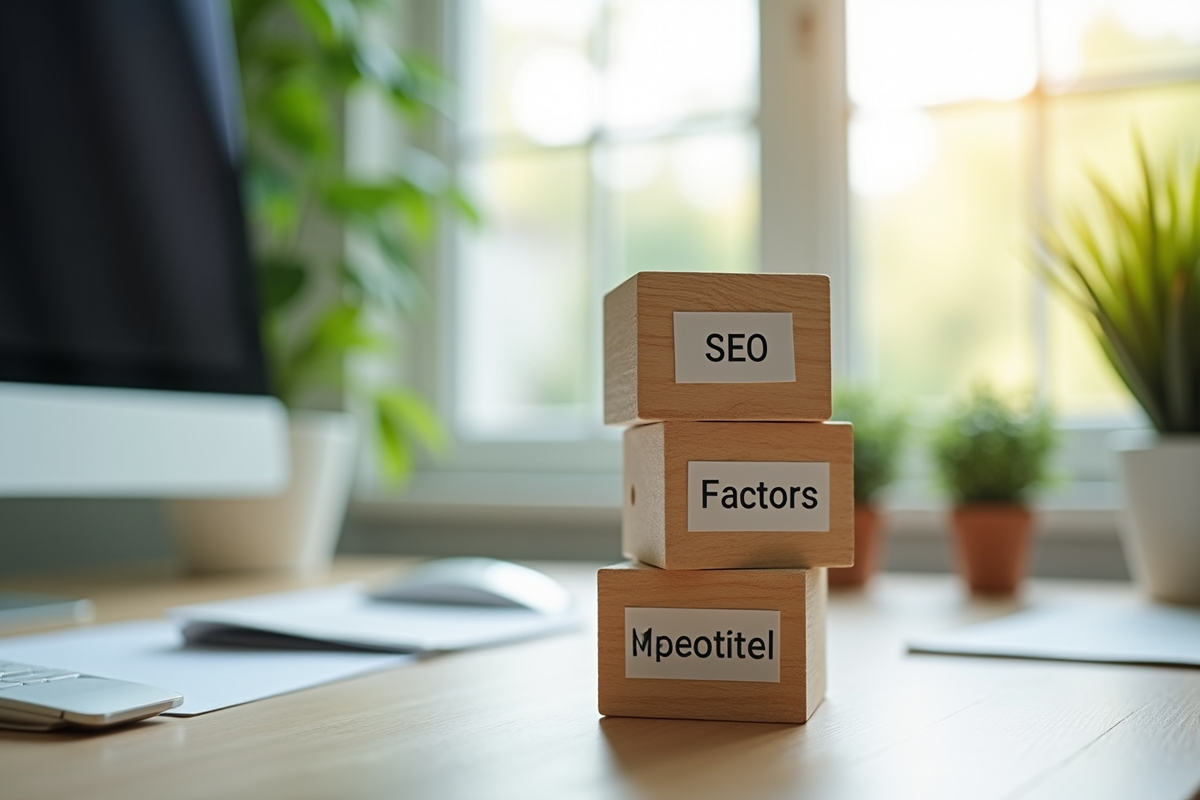 Trois blocs empiles avec facteurs SEO sur un bureau lumineux