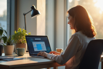 Personne travaillant sur un ordinateur dans un bureau lumineux