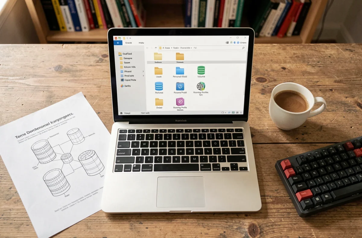 Vue aérienne d'un bureau avec un laptop affichant des dossiers de profils utilisateurs et des volumes de disques virtuels personnels dans un espace de travail à domicile