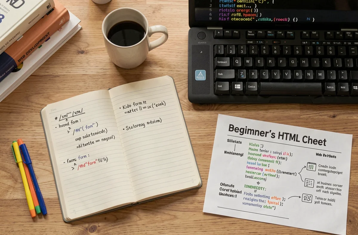 Vue de dessus d'un bureau de développeur avec carnet de notes HTML, clavier mécanique et aide-mémoire de formulaire pour débutants