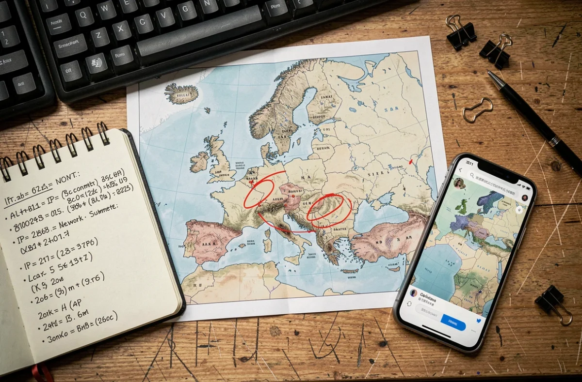 Vue aérienne d'une carte d'Europe annotée avec des adresses IP et notes réseau sur un bureau de travail