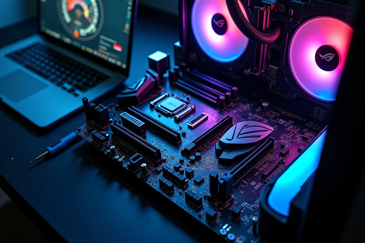 Carte mère ASUS ROG avec overclocking configuré via Armory Crate visible sur un écran adjacent