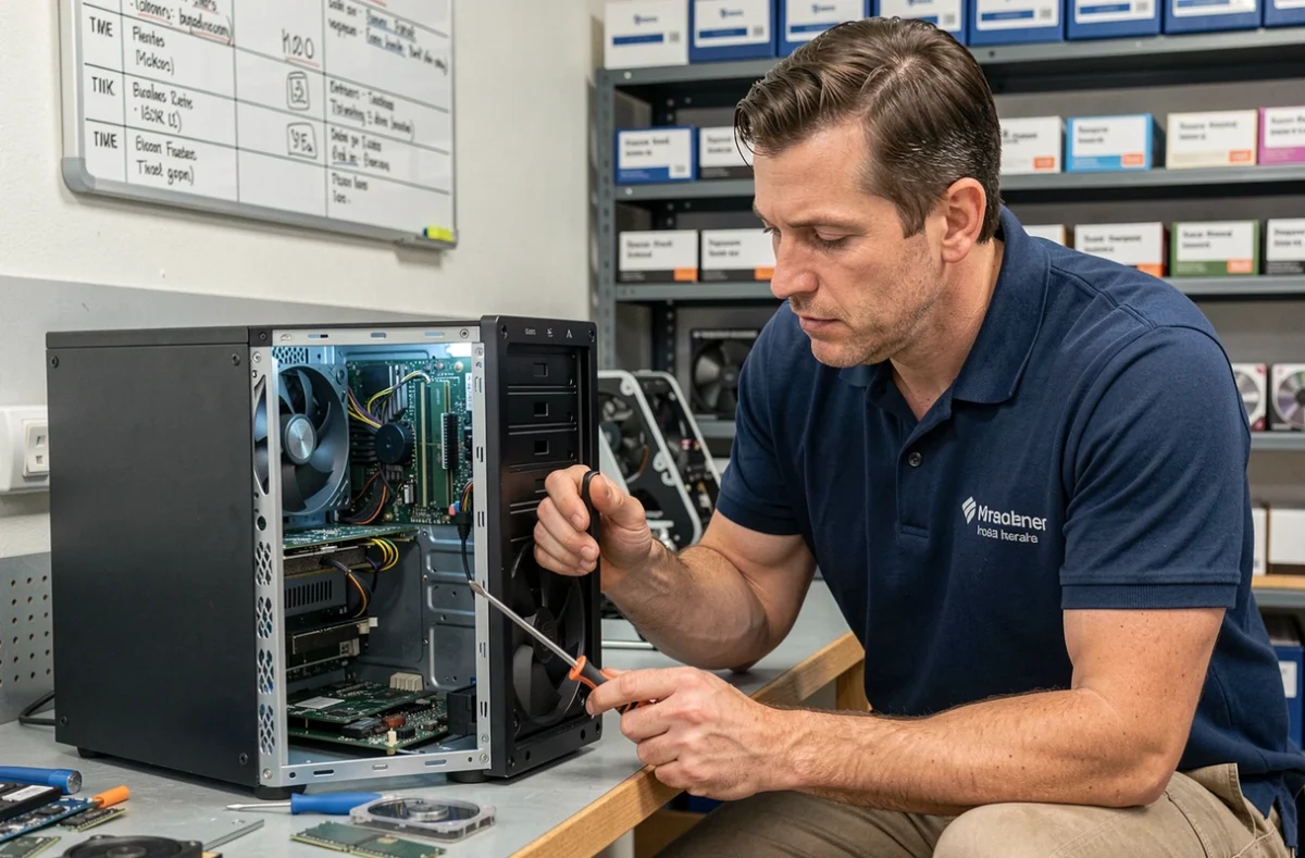 Technicien Chronomicro inspectant les composants internes d'un ordinateur de bureau dans un atelier de réparation informatique