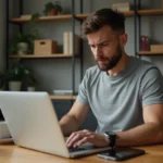 Homme frustré devant un clavier d'ordinateur portable affichant des chiffres à la place des lettres