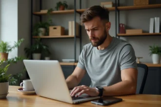 Homme frustré devant un clavier d'ordinateur portable affichant des chiffres à la place des lettres