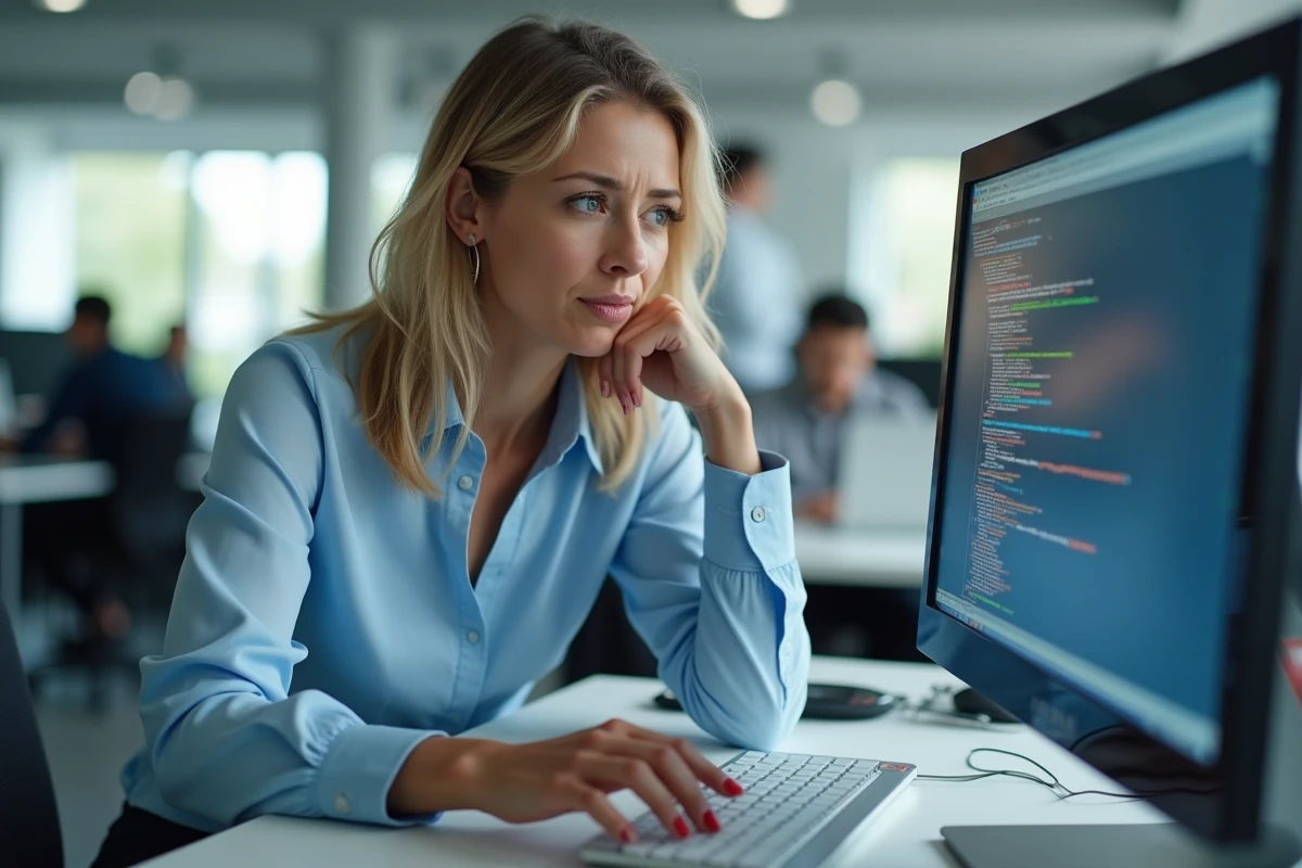 Femme en bureau perplexe face à un écran affichant des chiffres à la place des lettres sur un clavier