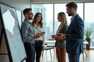Trois collègues en réunion autour d'un tableau blanc numérique