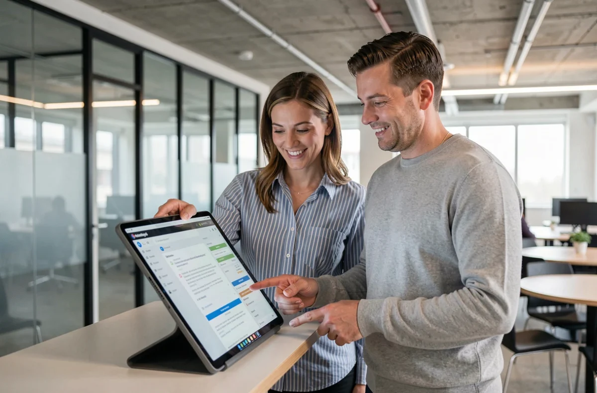 Deux collègues consultant ensemble une interface de messagerie webmail sur une tablette dans un espace de coworking moderne