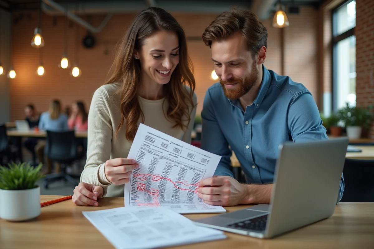 Deux collègues collaborant sur un rapport Excel imprimé pour corriger les doublons dans un espace de coworking