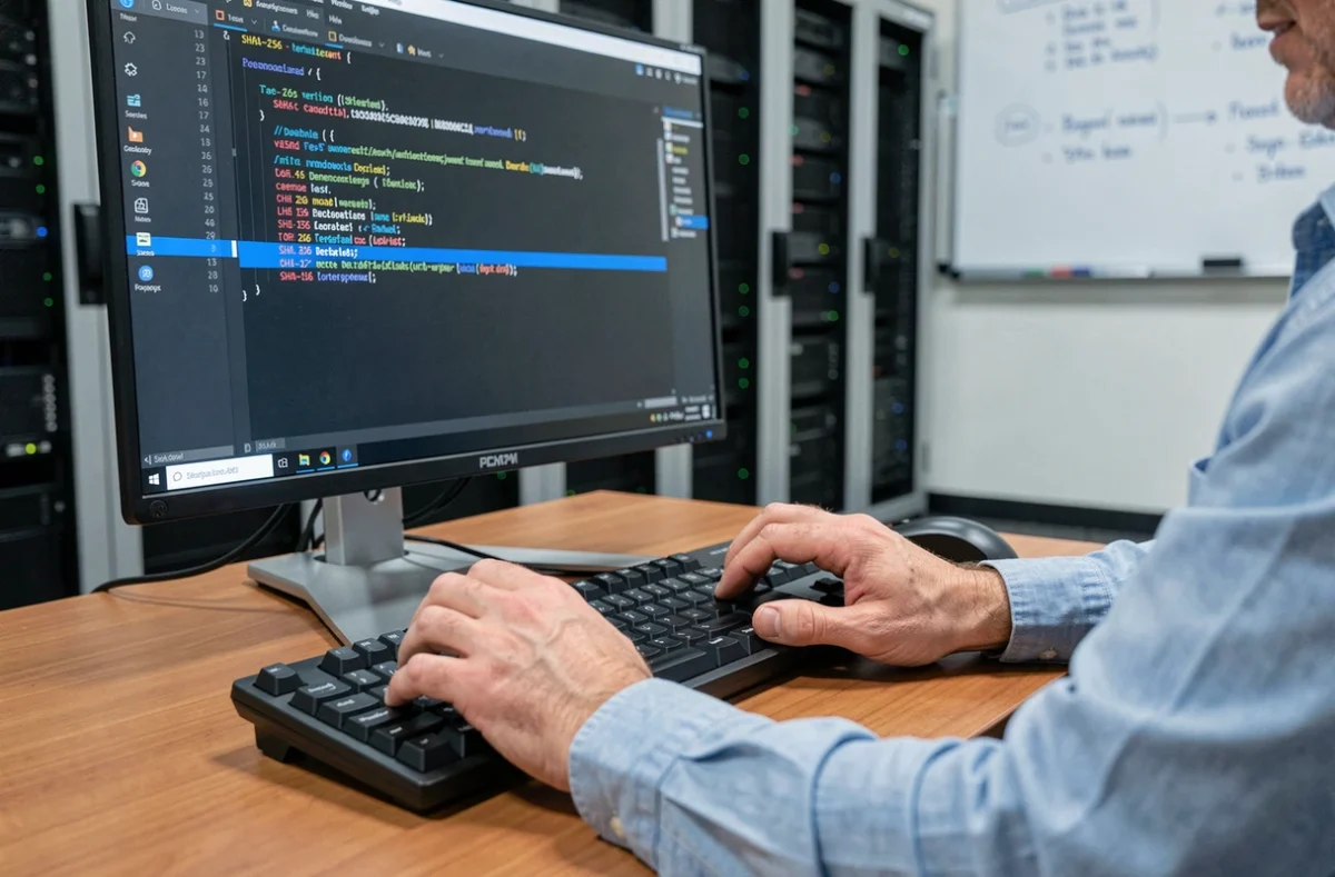 Mains d'un technicien tapant une commande de vérification SHA-256 pour valider un fichier ISO Windows 7 dans PowerShell