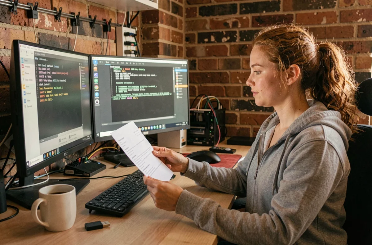 Femme comparant une somme de contrôle MD5 d'une image ISO Windows 7 sur un poste de travail double écran