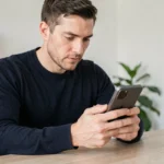 Un homme compare deux modèles de smartphones Google Pixel sur un bureau minimaliste en bois dans un bureau à domicile moderne