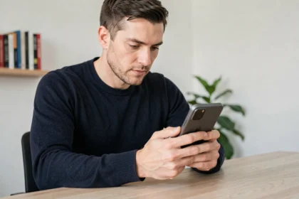 Un homme compare deux modèles de smartphones Google Pixel sur un bureau minimaliste en bois dans un bureau à domicile moderne