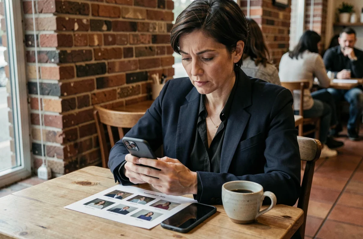 Femme comparant des rendus photos d'un Google Pixel dans un café avec feuille de test imprimée