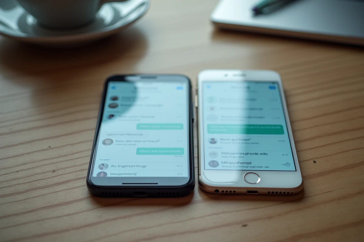 Comparaison côte à côte d'un smartphone Android et d'un iPhone affichant des SMS sur une table en bois