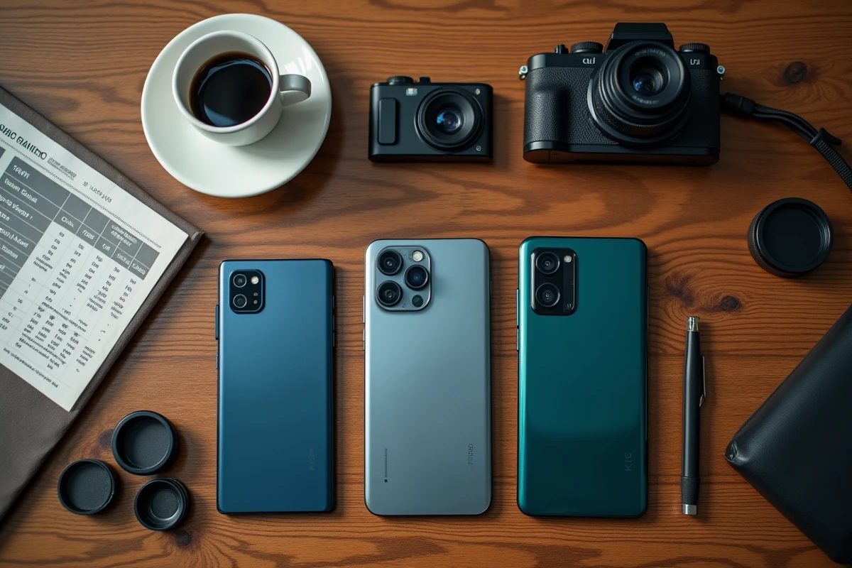 Comparatif de trois smartphones Android avec modules caméra visibles en vue de dessus pour choisir le meilleur téléphone photo