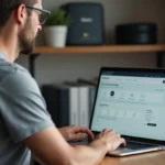 Homme configurant l'ouverture de ports sur l'interface mafreebox.freebox.fr depuis un ordinateur portable dans un bureau à domicile