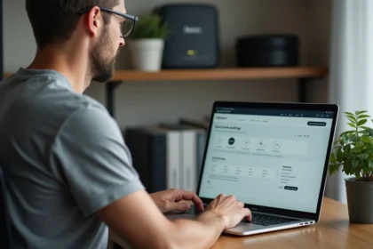 Homme configurant l'ouverture de ports sur l'interface mafreebox.freebox.fr depuis un ordinateur portable dans un bureau à domicile