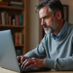 Homme configurant les paramètres de sécurité de sa Freebox sur un ordinateur portable à son bureau à domicile