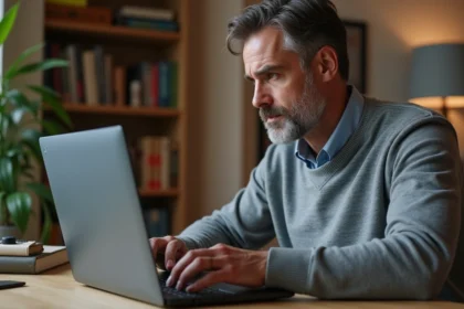 Homme configurant les paramètres de sécurité de sa Freebox sur un ordinateur portable à son bureau à domicile