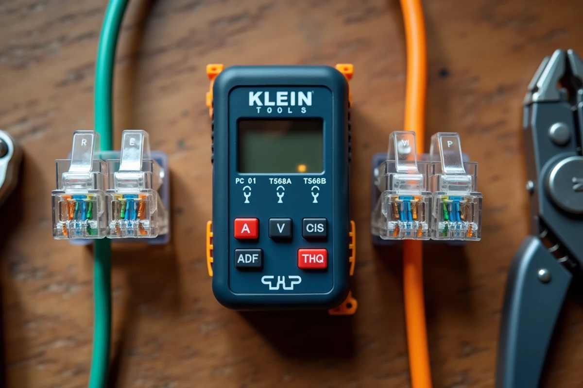 Vue rapprochée de deux connecteurs RJ45 câblage A et B posés sur un établi avec un testeur de câble et des outils de sertissage