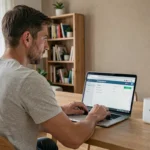Homme connecté à l'interface Freebox OS via mafreebox.freebox.fr sur un ordinateur portable dans un appartement moderne