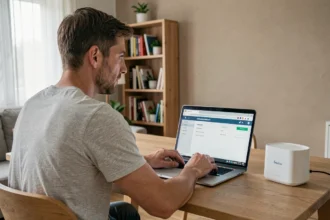 Homme connecté à l'interface Freebox OS via mafreebox.freebox.fr sur un ordinateur portable dans un appartement moderne