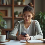 Femme connectée à un webmail académique sur smartphone depuis un bureau à domicile